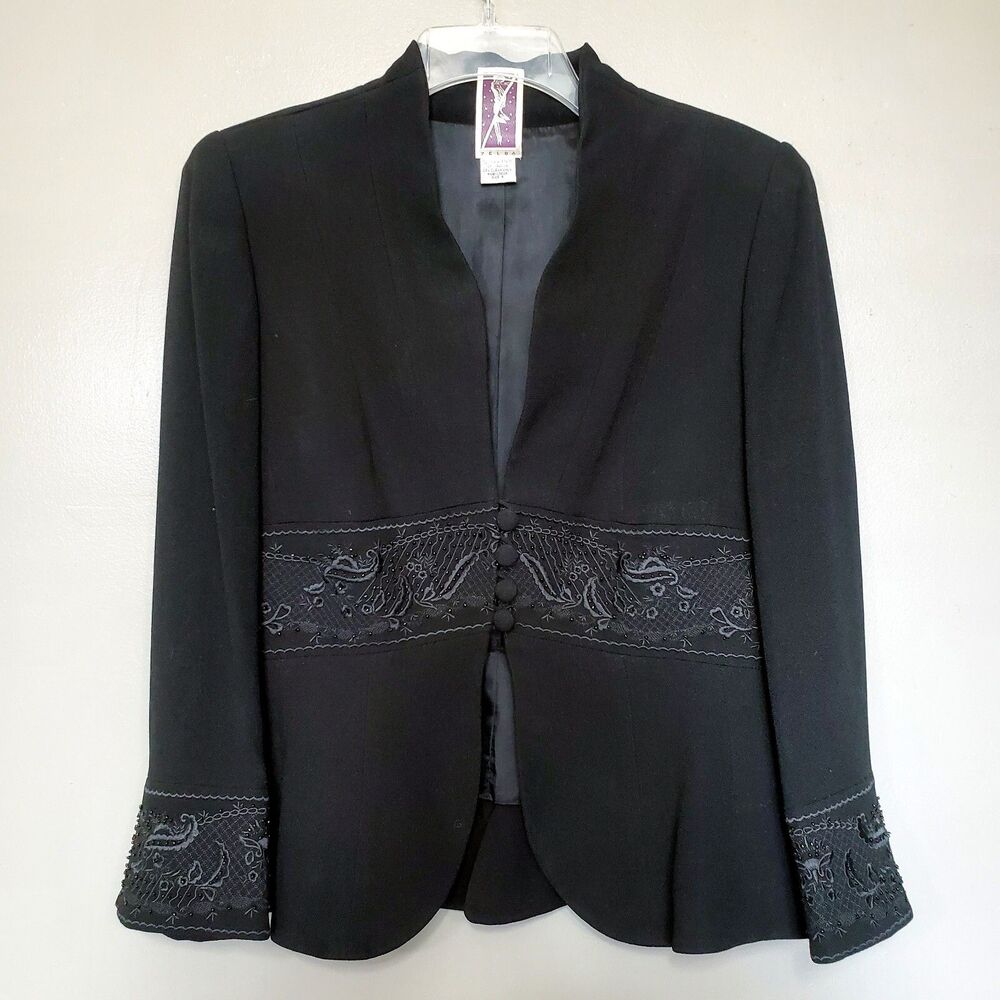 Vintage Zelda Black Jacket Womens Size 6 Beaded Embroidery Button Formal Blazer